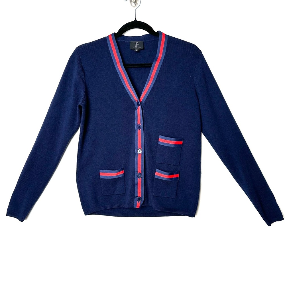 Pink Tartan Old Money Heritage Navy Red Striped V-Neck Nautical Preppy Cardigan